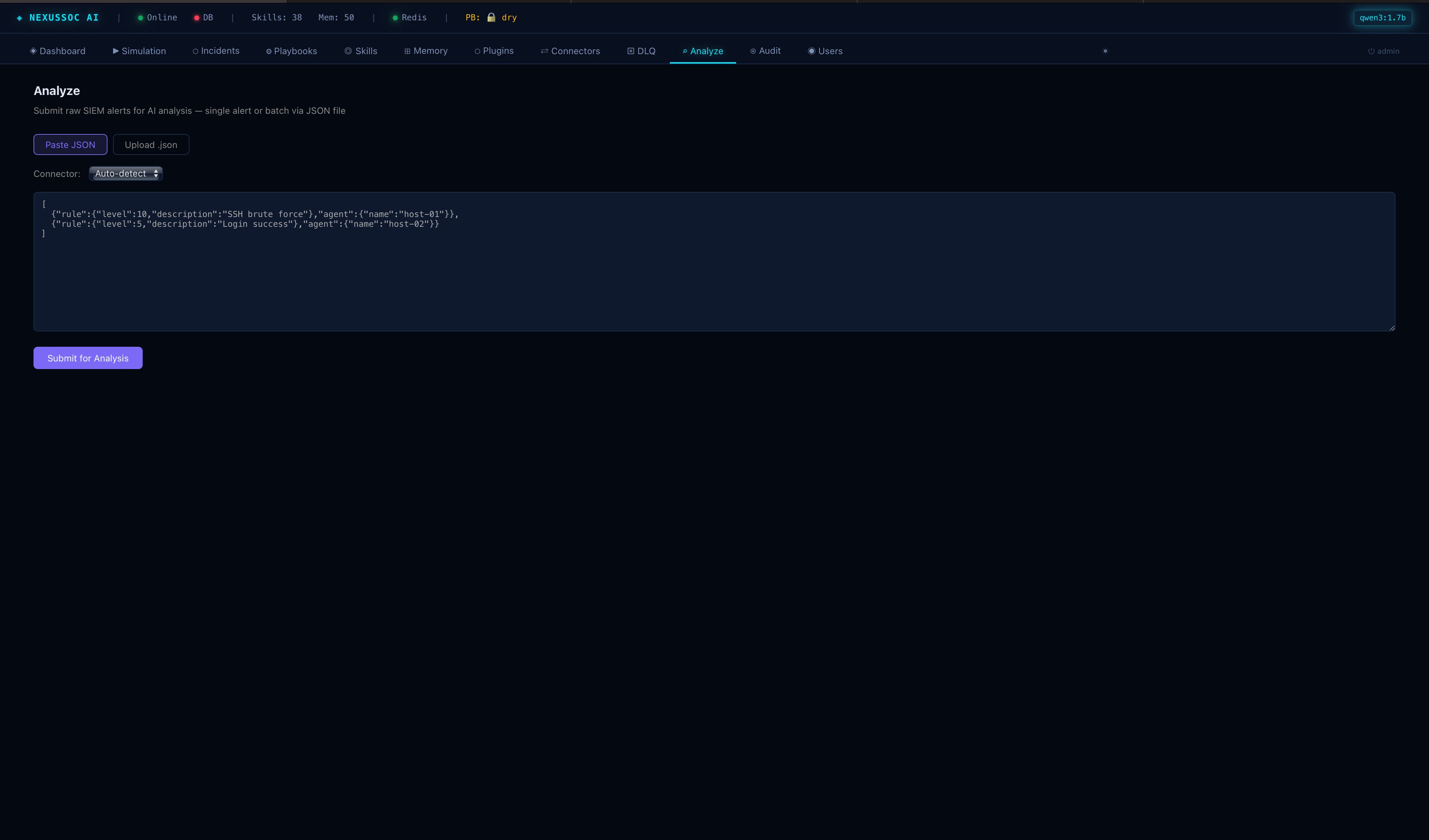 Analyze — Single alert or batch ingestion. Returns classification, confidence, MITRE ATT&CK mapping, and the chosen playbook.