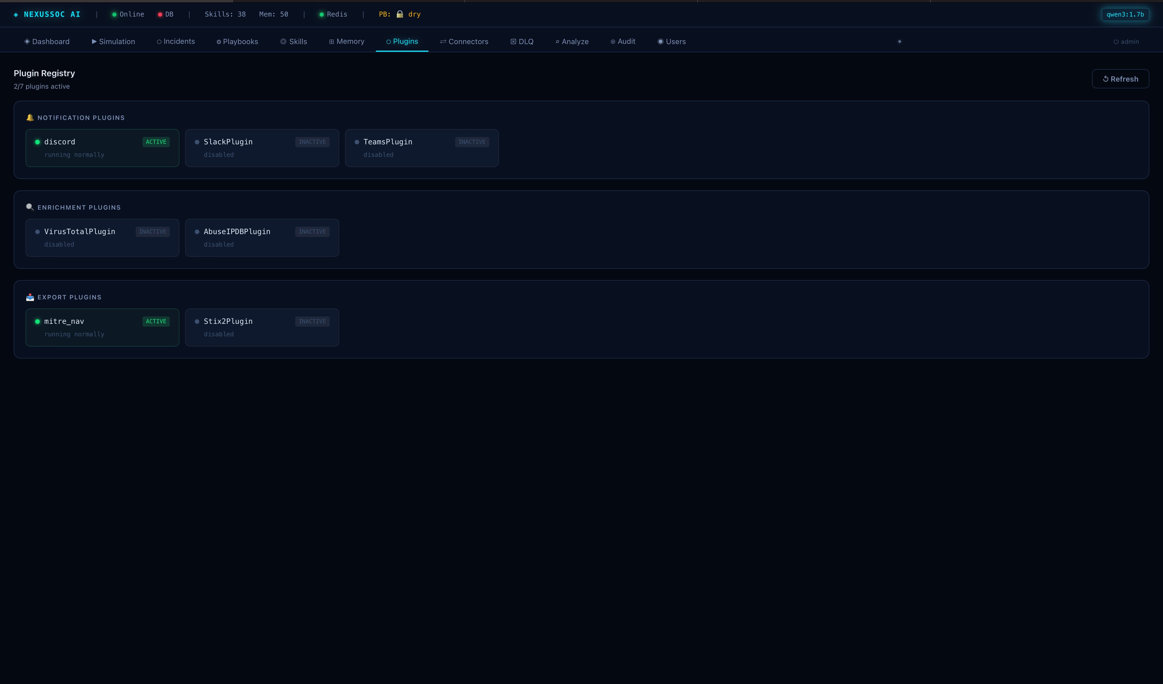 Plugin system — Enrichment (VirusTotal, AbuseIPDB), notification (Discord, Slack, Teams), export. Toggled by env vars, hot-reloadable.